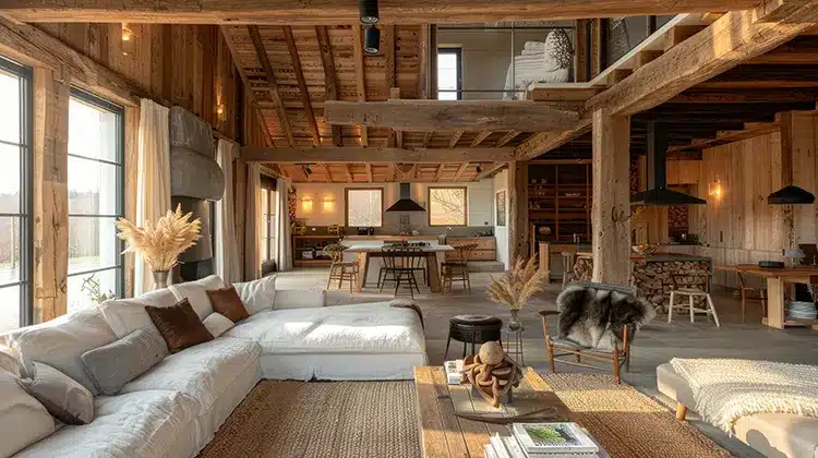 cozy-stylish-rustic-chic-living-room-with-exposed-wooden-beams-large-windows-warm-inviti